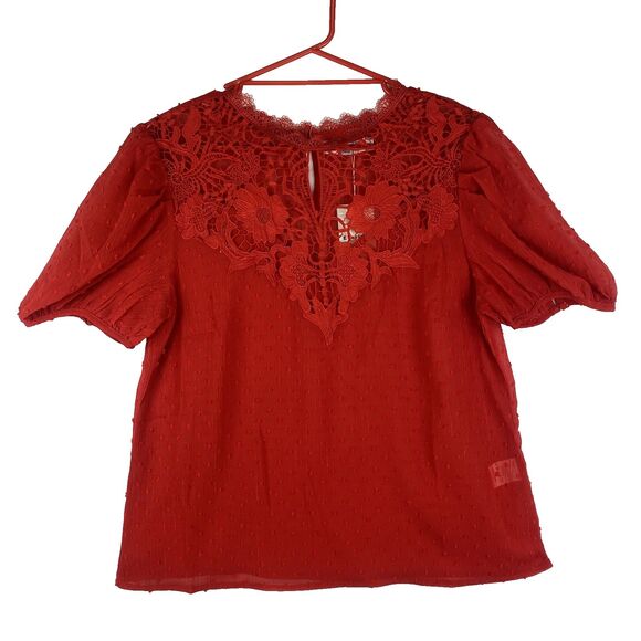 Women’s Sheer Red Lace Short Sleeve Blouse Size M - Picture 2 of 12